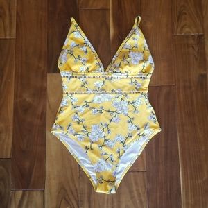 Floral Bright Yellow One Piece Bathing Suit, Size M